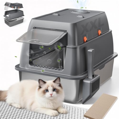 XXL Stainless Steel Cat Litter Box with Lid (Gray - Pinky Paws / 23" L × 16" W × 18" H)