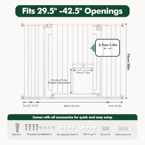 Pet Gate with Cat Door (Matte White / 29.5-42.5"Wide,30"Tall)