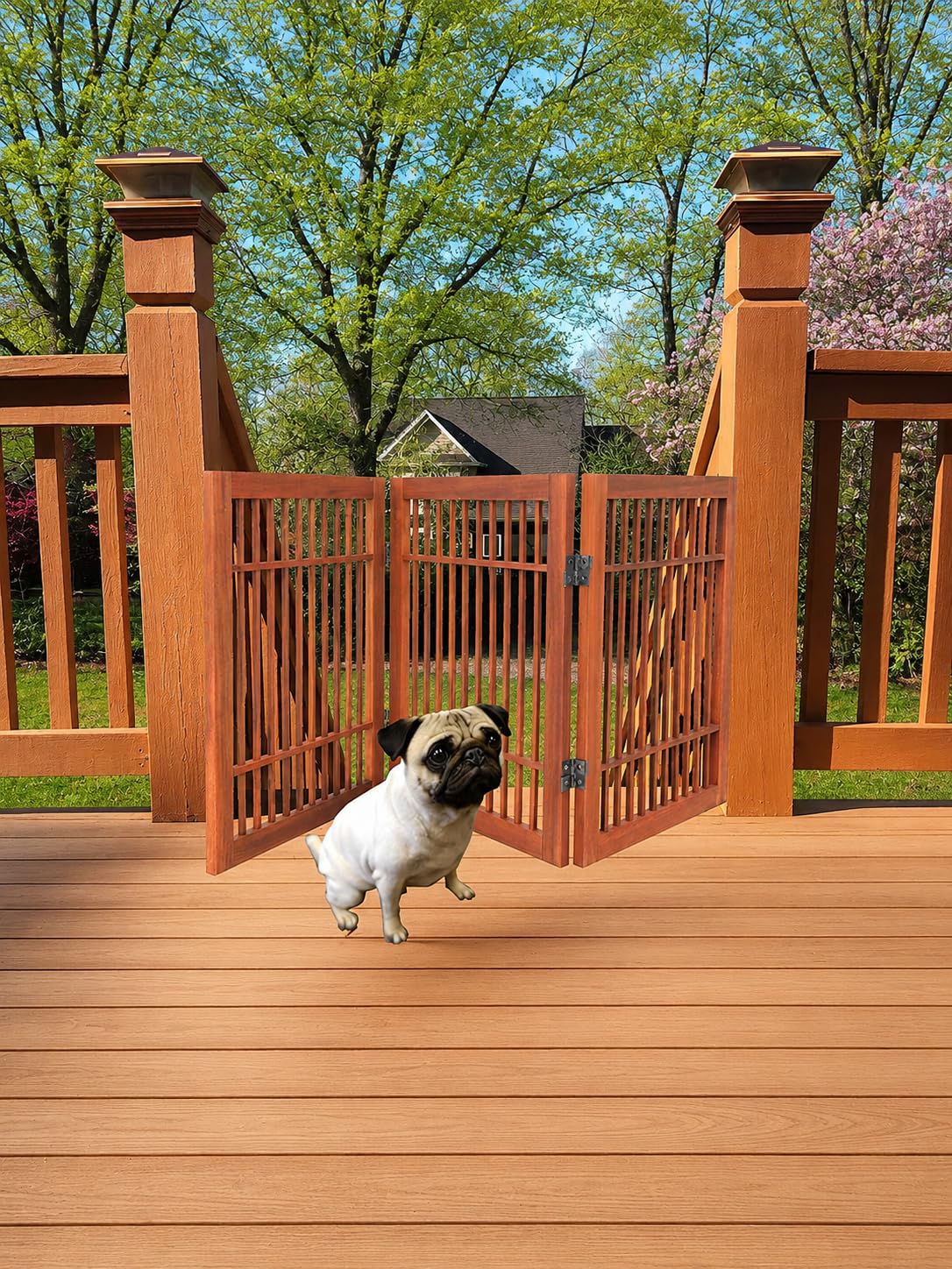 Freestanding Wooden Dog Gate Foldable Indoor Pet Gate No Drill Expandable Barrier for Doorways Stairs Hallways Portable Wood Fence for Small Dogs & Puppies (3 Panel 24" Tall / Brown Pet Gate)