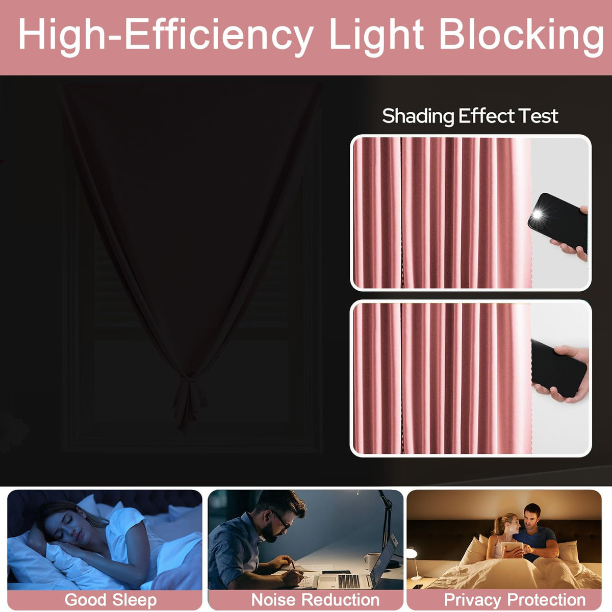 100% Blackout Stick on Self Stick Curtains (Light Pink / 46"W x 72"H)
