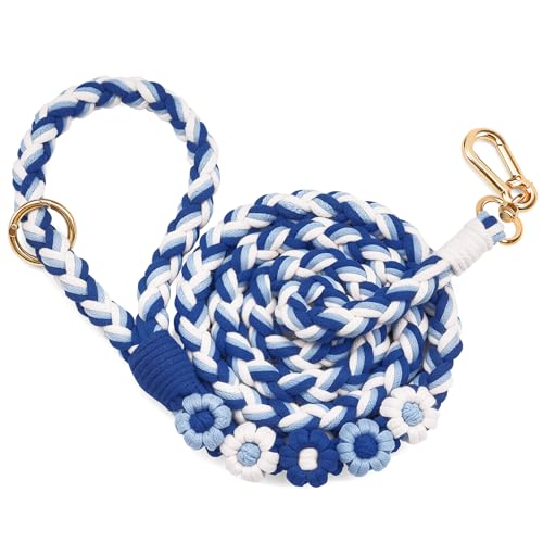Handmade 5ft Braided Cotton Dog Leash with Unique Floral Handle (Sea Wave)