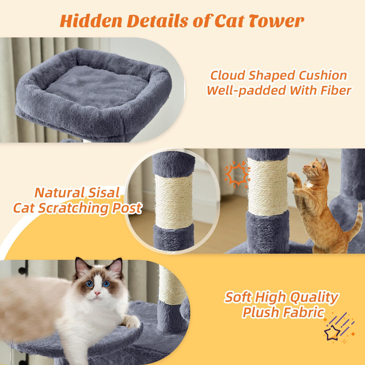 44 in Cat Tree Tower with Natural Sisal Scratching Posts (Dark Grey / 43.6Inch)