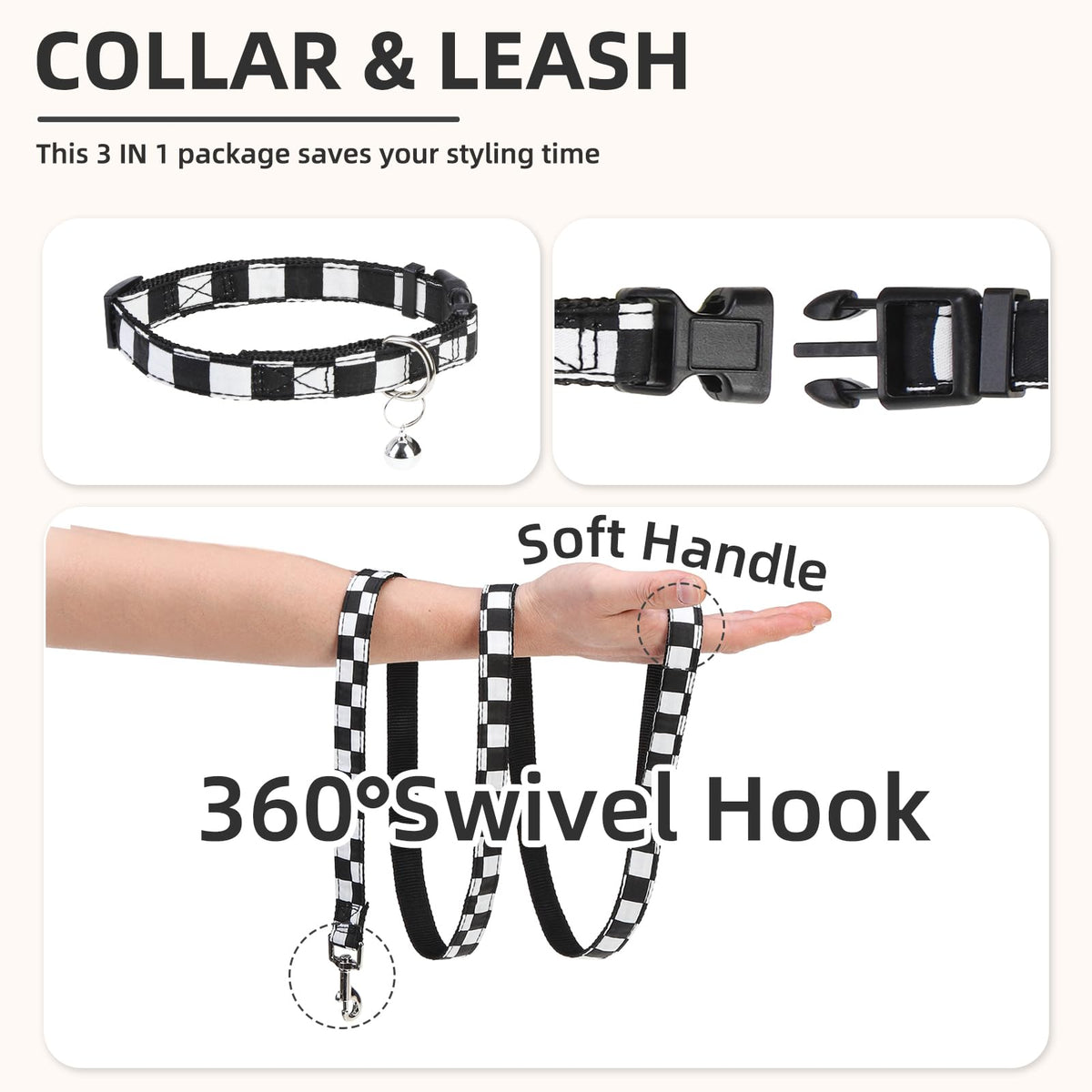 Dog Harness Collar and Leash Set No Pull for Small Medium Sized (Black&White (Checkered) / L (CHEST 18"-20"))