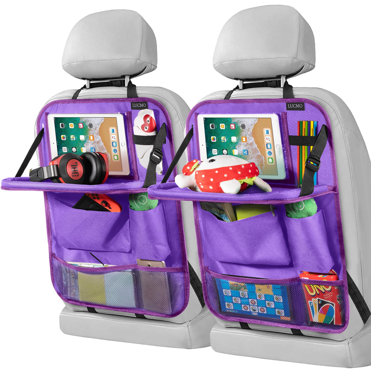 Car Backseat Organizer with Foldable Tablet Holder (Dark Purple-3 / 2 Pack with Food Tray)