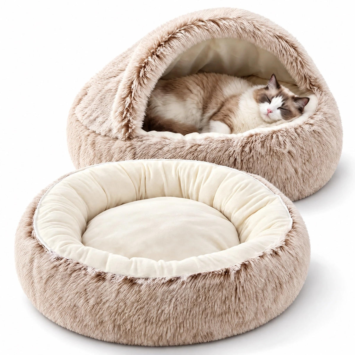 Convertible Donut Cat Bed Cave (Brown / 19.7 in Small Size)