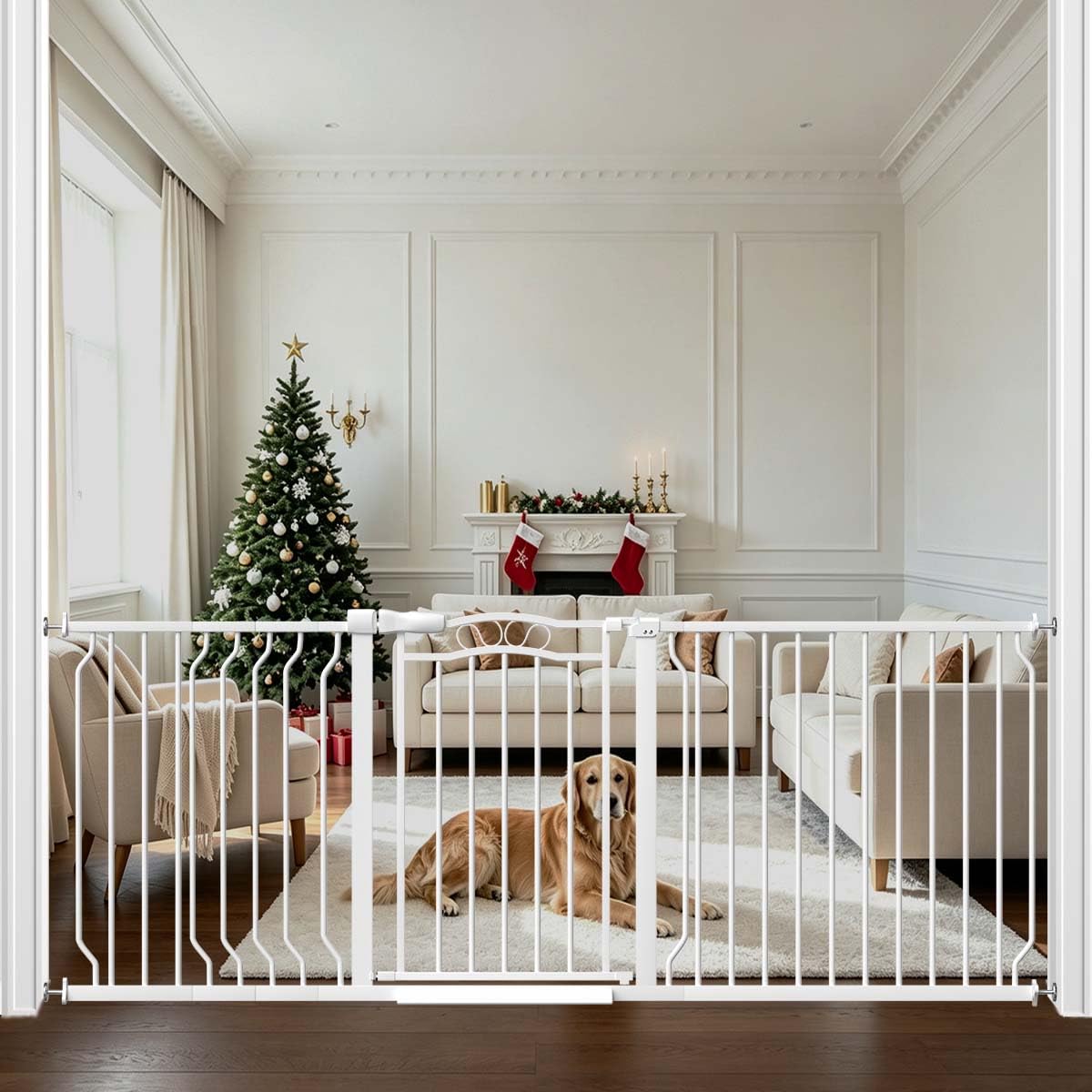 71.7" 81.1" Extra Wide Baby Gate with Door Large Pet Gate Indoor (White / 71.7"-81.1")