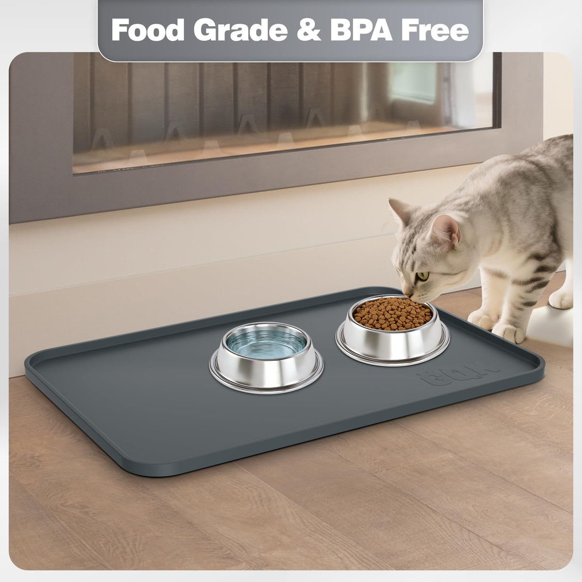 Silicone Dog Cat Food Mat Extra Thick Raised Edge (Gray / 18"L x 12"W)
