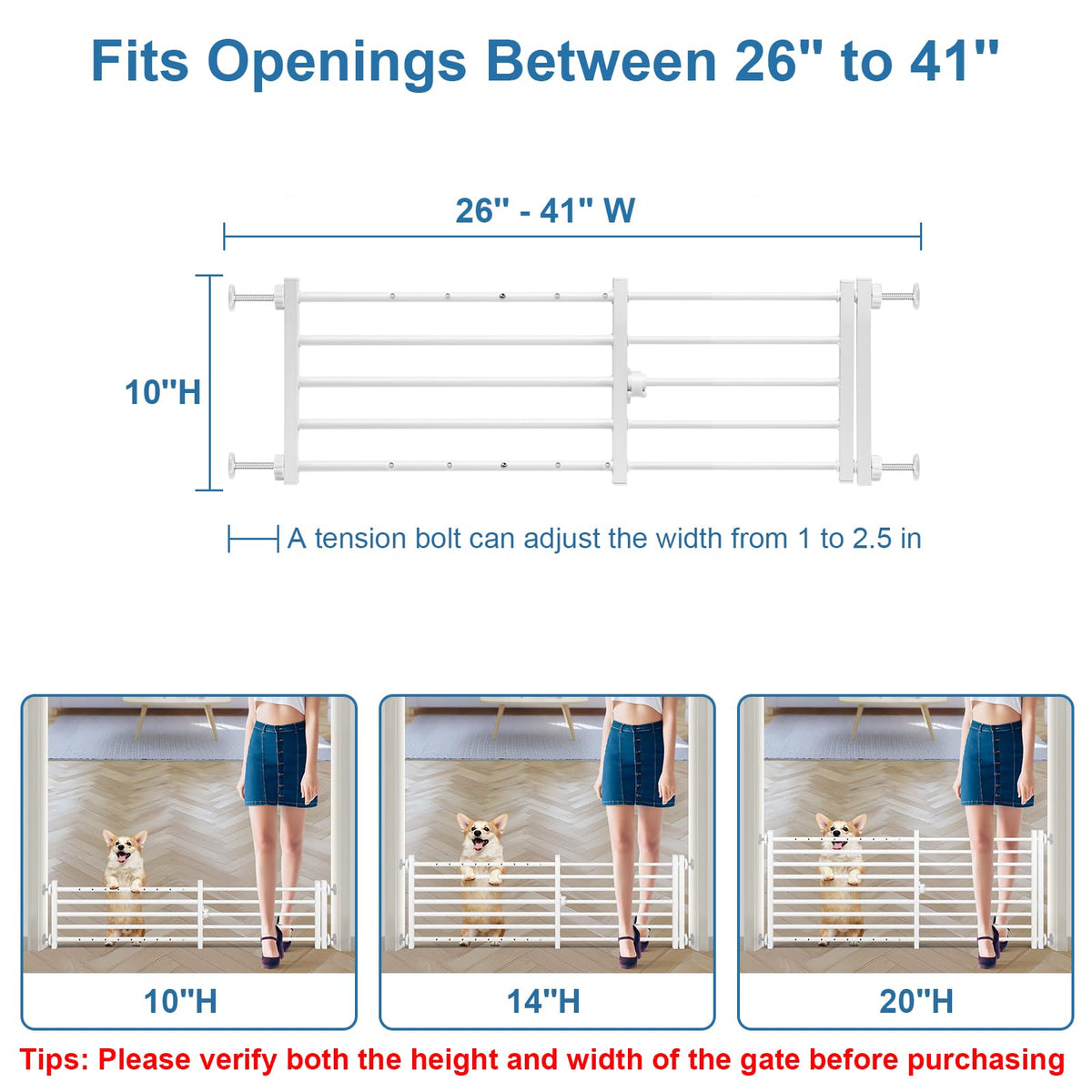 Dog Gate with a Small Door (White / 10''H × 26''- 41''W)