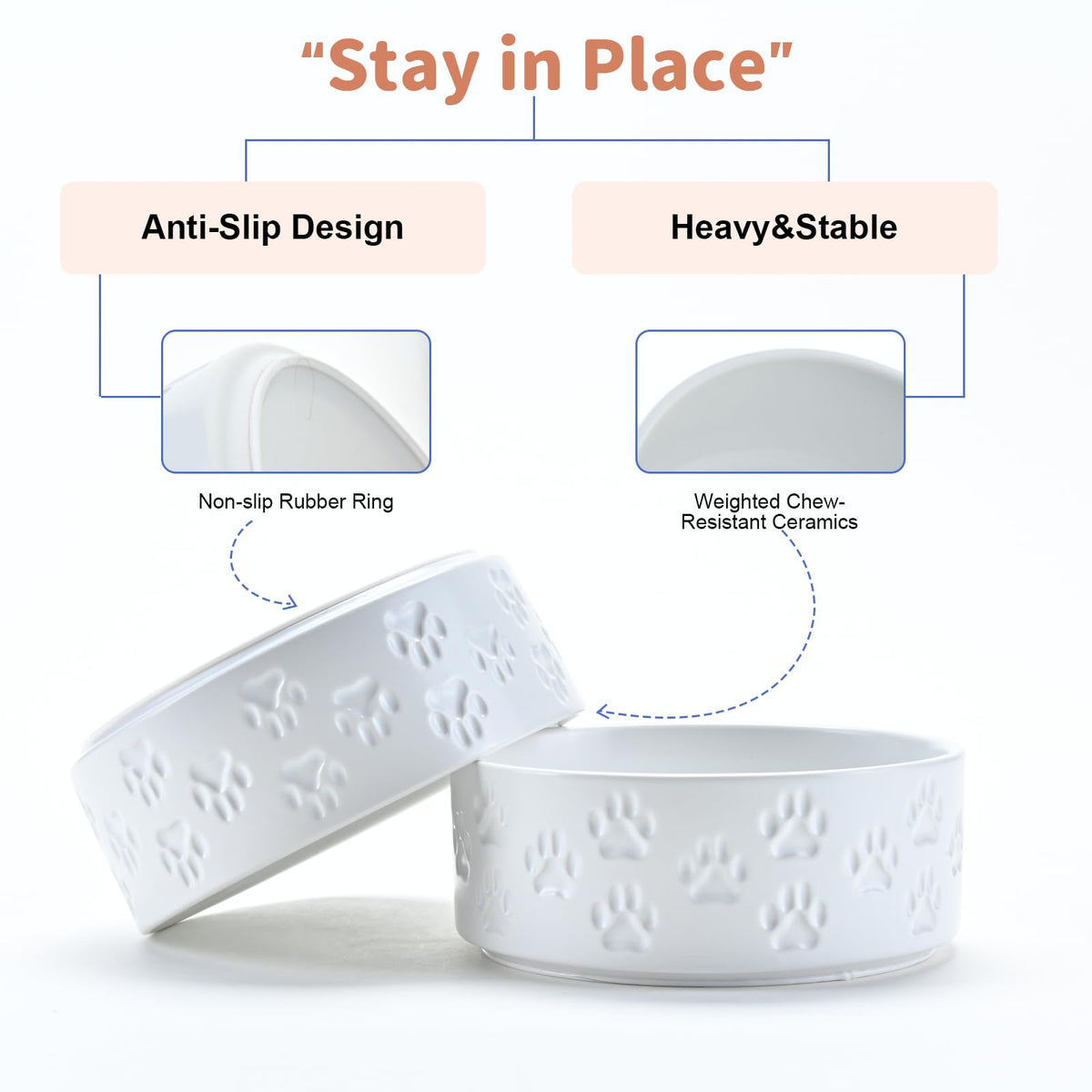 Ceramic Dog and Cat Bowls 2 Pack (5.1 in - 1.7 cups / Paw White - Only Bowls*2)