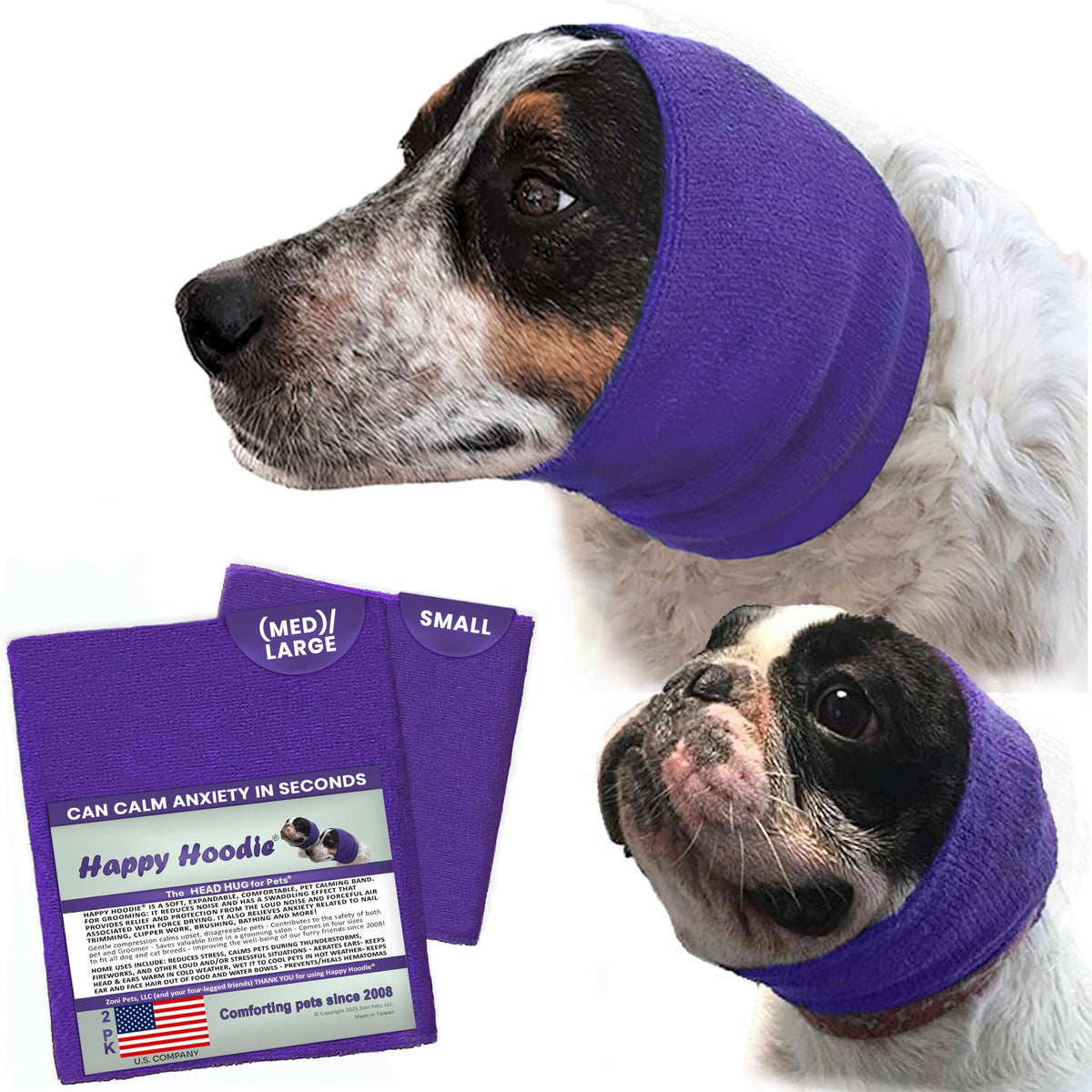 Happy Hoodie 2 Pack Dog and Cat Calming Band for Noise and Anxiety Relief (Purple — 2-Pack: Small + (Med)Large)