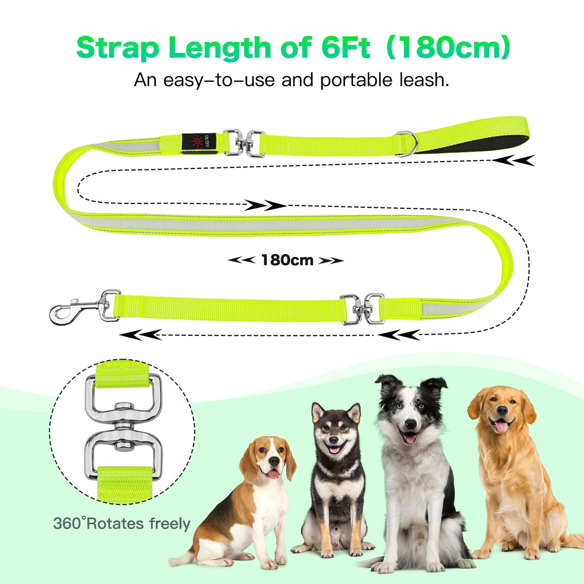 LED Light Up Dog Leash (Green / 6Ft(Three-section))