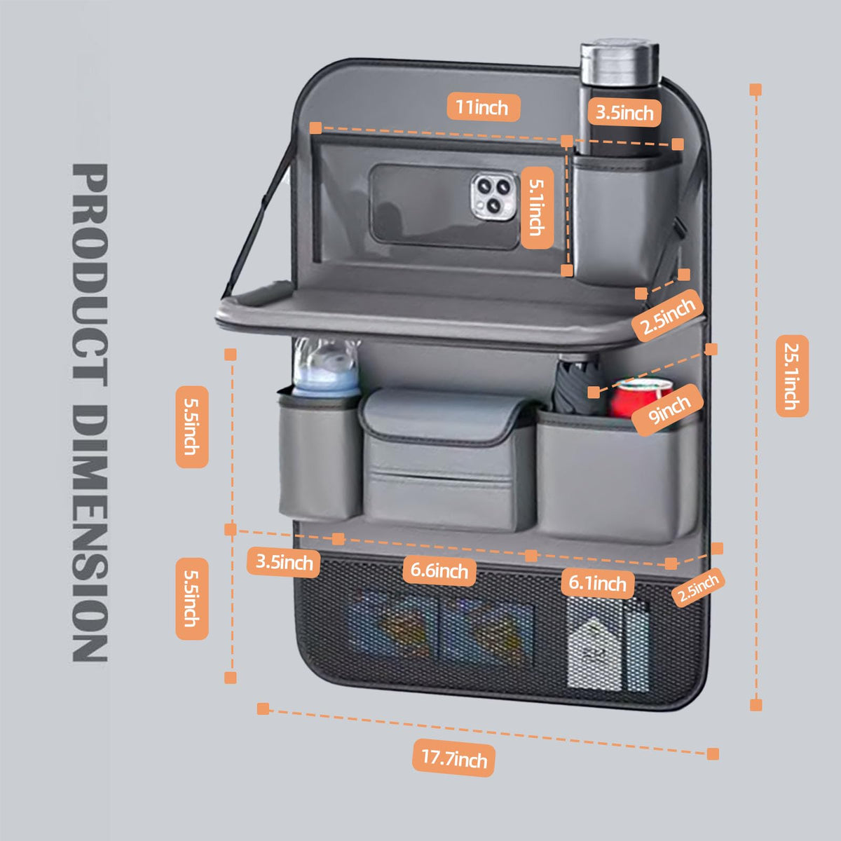 Waterproof PU Leather Car Seat Back Organizer with Foldable Tray Table (Gray)
