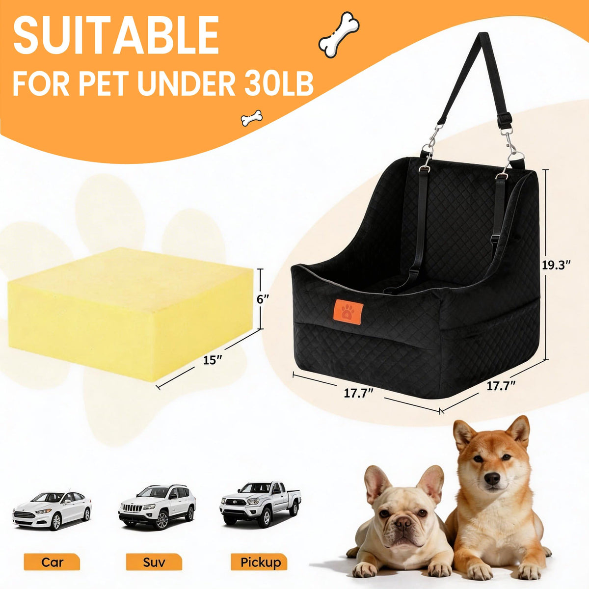 Dog Booster Car Seat for Small to Medium Dogs Up to 35 lbs (Black)