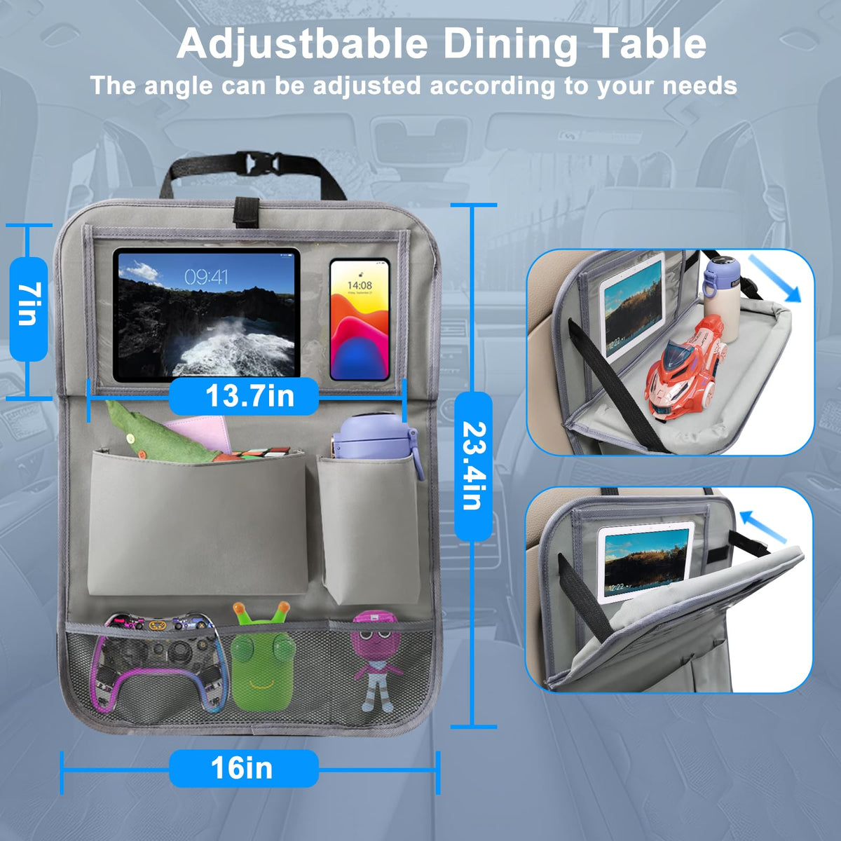 2Pack Car Backseat Organizer with Foldable Table Tray Grey (Grey / 2 Pack with Food Tray)