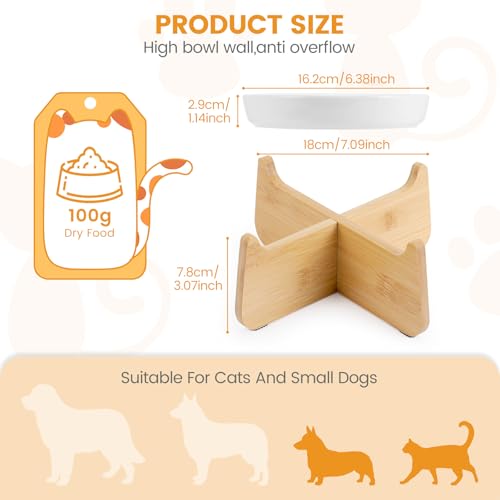 Slow Feeder Cat Bowl Elevated Ceramic with Bamboo Stand (White Fish)