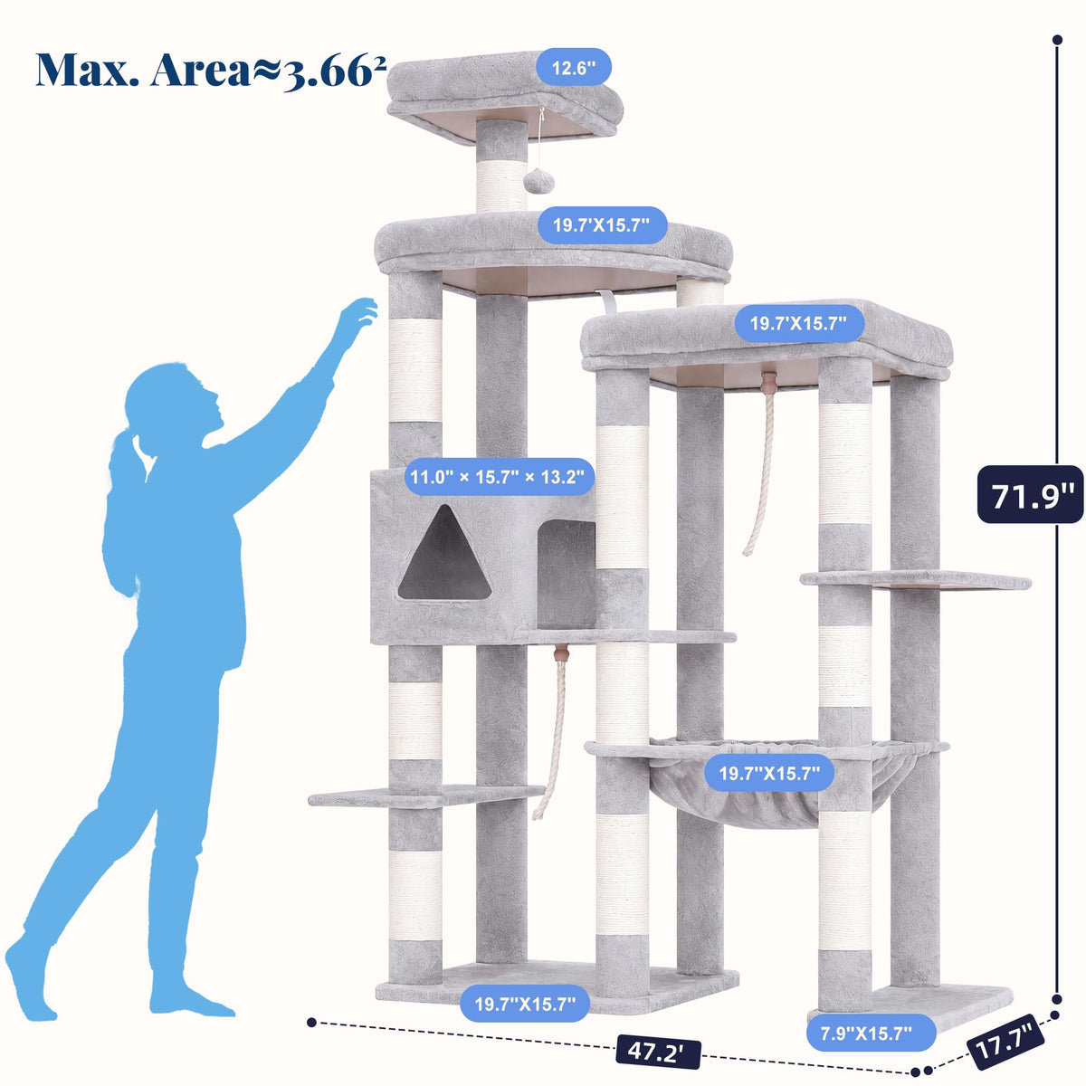 Cat Tree Tower with Stable Extended Base (Light Gray / 71.9 Inches)