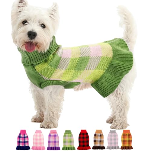 Dog Sweater Dress Plaid Knitwear for Small Dogs Girl Christmas Clothes (Green / X-Small)