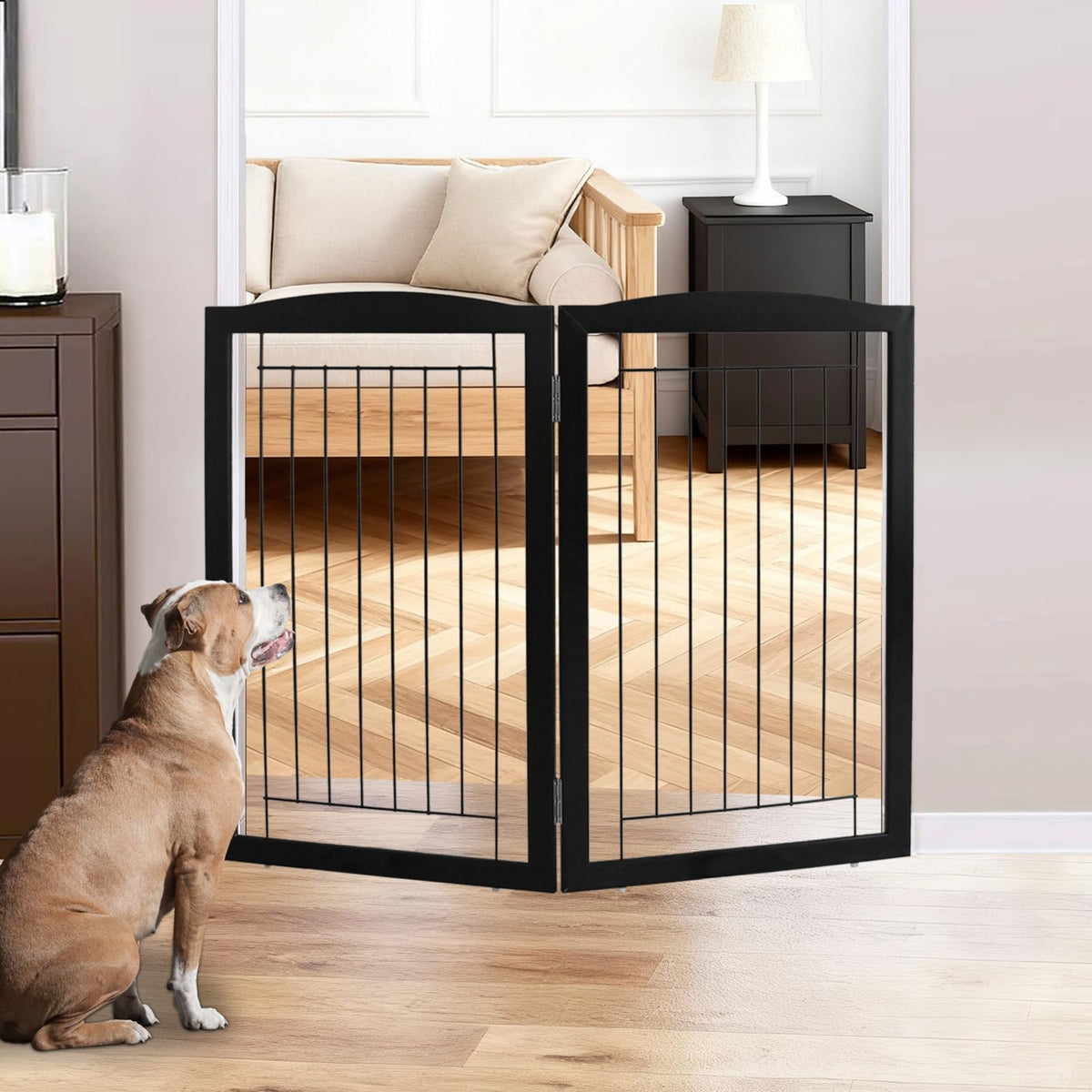 Freestanding Foldable Dog Gate for House Extra Wide Wooden Indoor Puppy Gate Stairs Doorways Pet Gate Tall Dog Fence 2 Panels Fence Black (Black / 【2 Panels】40''w x 32''h)