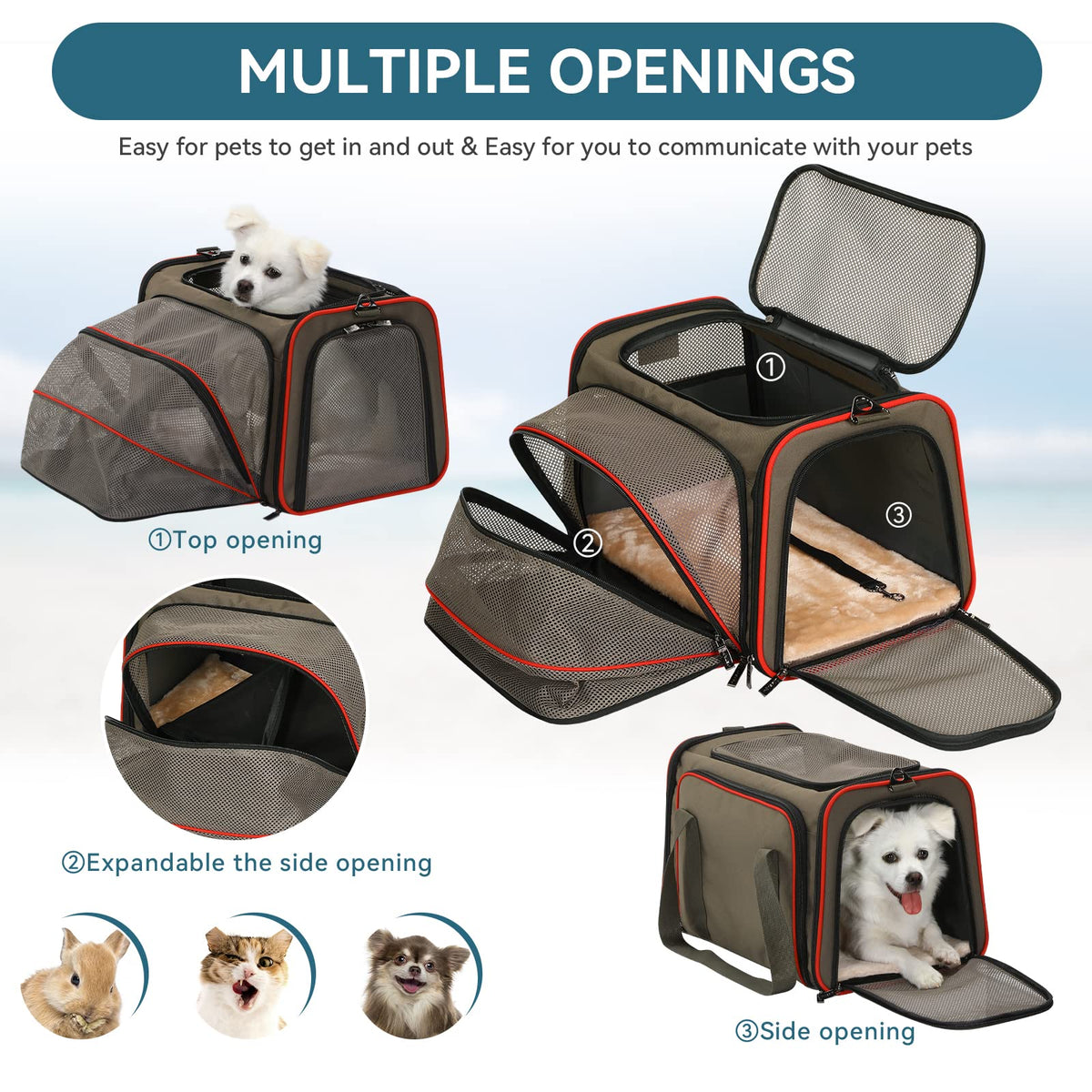 Expandable Cat Carrier Dog Carriers (19.0"L x 12.0"W x 12.0"H / Gray brown)