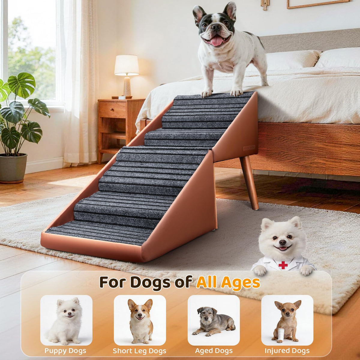 Dog Stairs & Ramp for High Bed & Couch (Brown / 22.8in Bed)