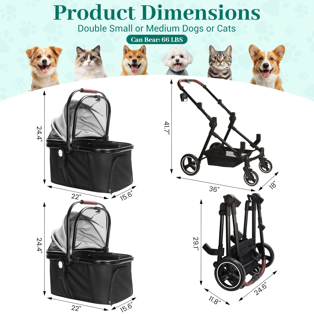 Foldable Double Pet Stroller for 2 Small Medium Cats Dogs (Light Gray / Double)
