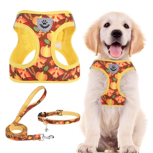 Dog Harness Collar and Leash Set No Pull for Small Medium Sized (Brown&Yellow (Fall) / S (CHEST 14.5"-16"))