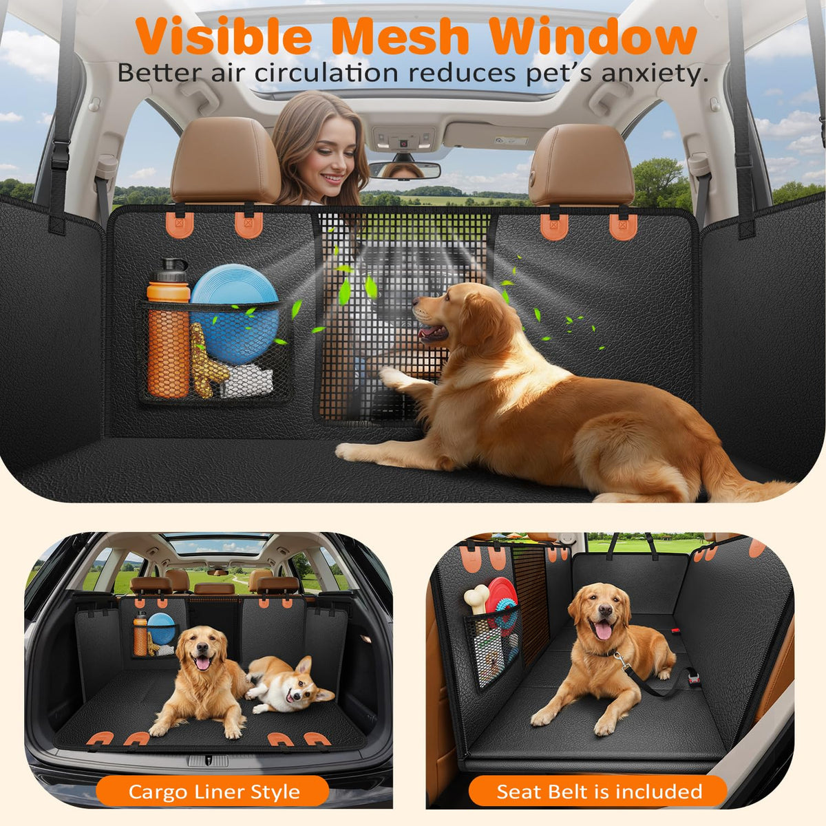 PU Leather Hard Bottom Dog Seat Cover for Full (Black - Orange / XL - for Full Size Crew Cab Trucks)