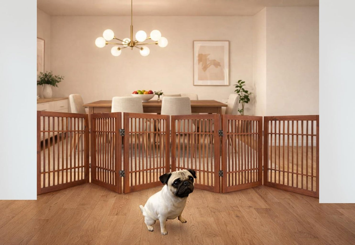 Freestanding Wooden Dog Gate Foldable Indoor Pet Gate No Drill Expandable Barrier for Doorways Stairs Hallways Portable Wood Fence for Small Dogs & Puppies (6 Panel 24" Tall / Brown Pet Gate)