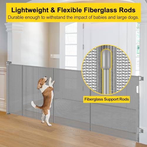Reinforced 42” Tall x 160” Extra Wide Retractable Baby Gates with Rods (Gray / Reinforced 42" Tall X 160" Wide)
