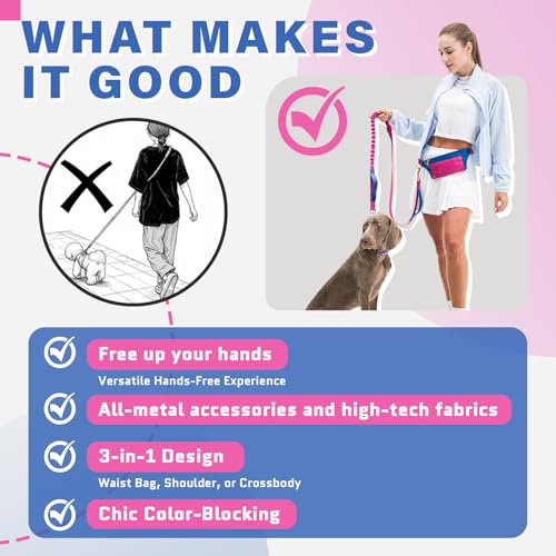 Hands Free Dog Leash with Pouch for Walking and Running (Pink)
