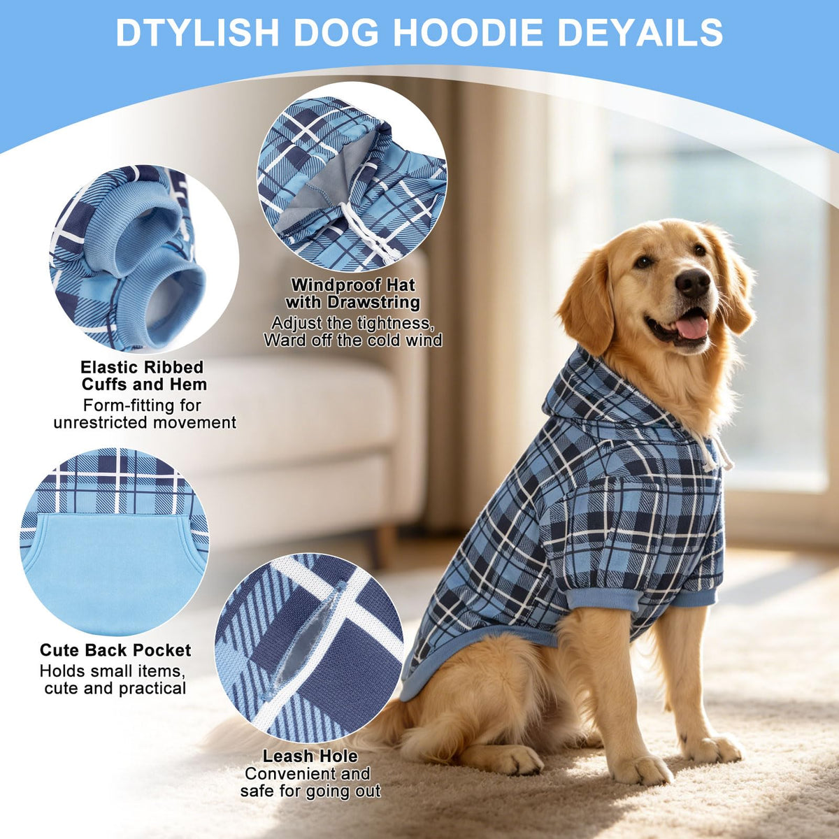 Plaid Dog Hoodie (Blue / X-Large)