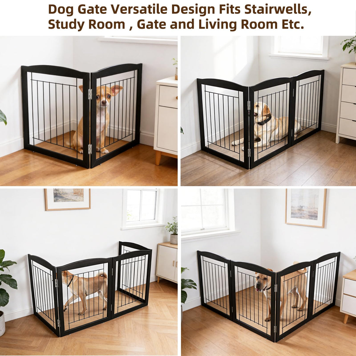 Freestanding Foldable Dog Gate for House Extra Wide Wooden Indoor Puppy Gate Stairs Doorways Pet Gate Tall Dog Fence 2 Panels Fence Black (Black / 【2 Panels】40''w x 32''h)