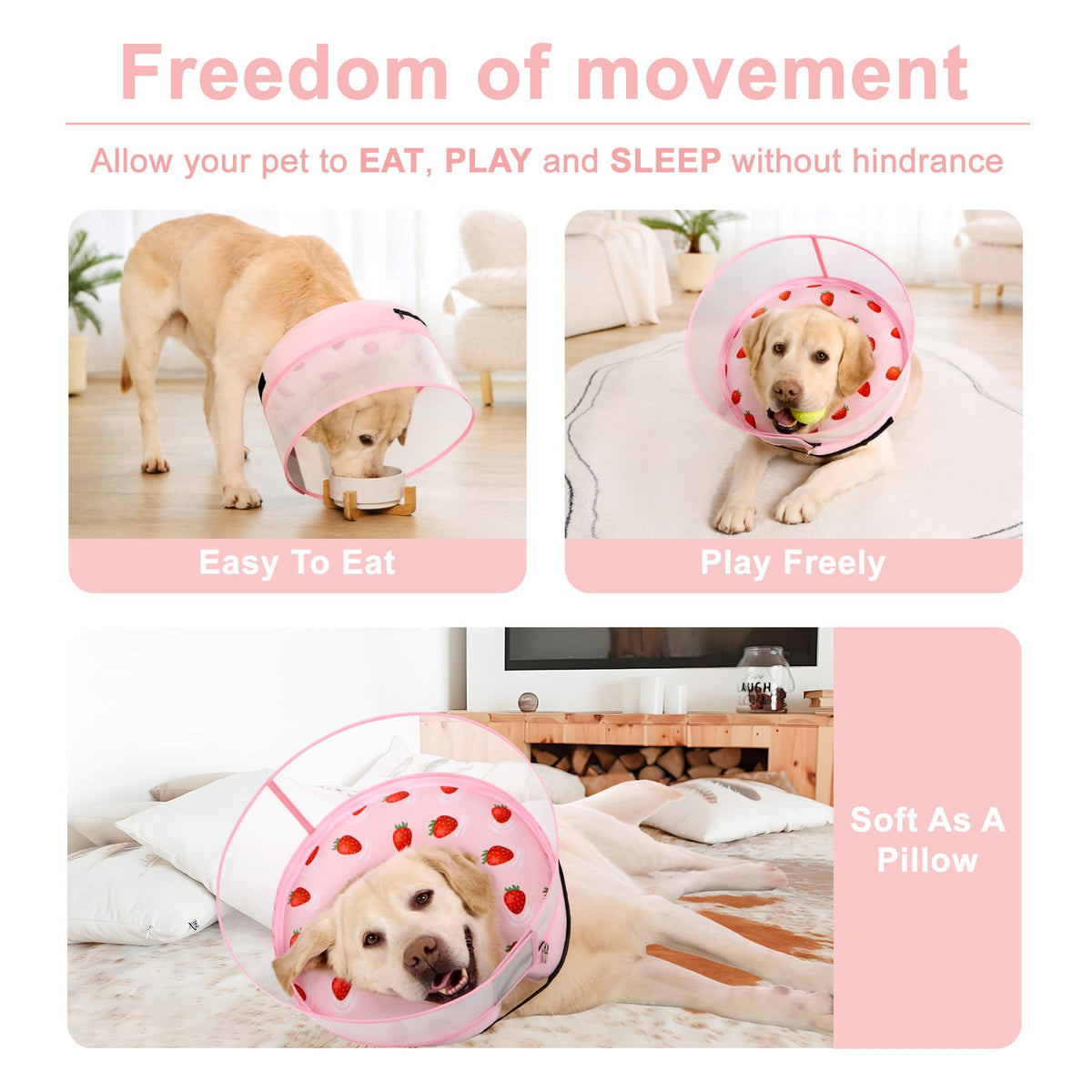 Inflatable Dog Cone Collar for Large Medium Small Dogs (Strawberry Print / Medium Plus)