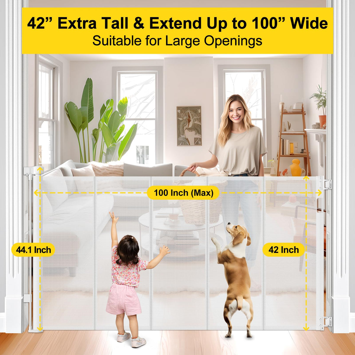 Reinforced 42" Tall x 100" Extra Wide Retractable Baby Gates for Doorways (White / Reinforced 42" Tall X 100" Wide)