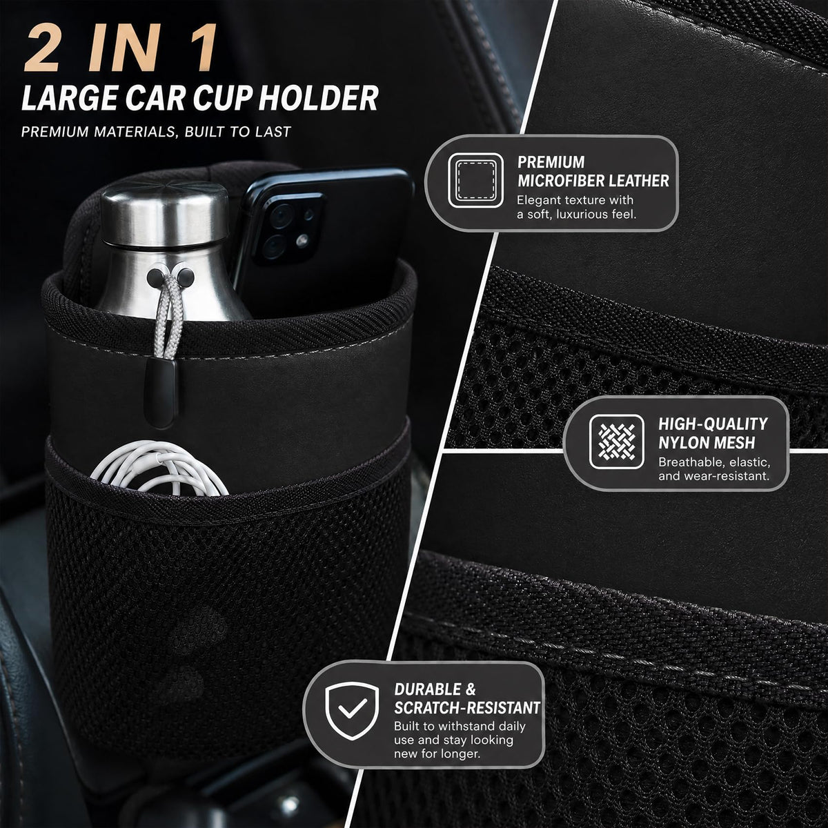 2-in-1 Large Cup Holder, Car Seat Side Organizer, Car Seat Side Large Cup Holder Expander Adapter Bag, Auto Organizer Accessories Car Stuff Holder with Mesh Pocket for Phone & Drink (Black)