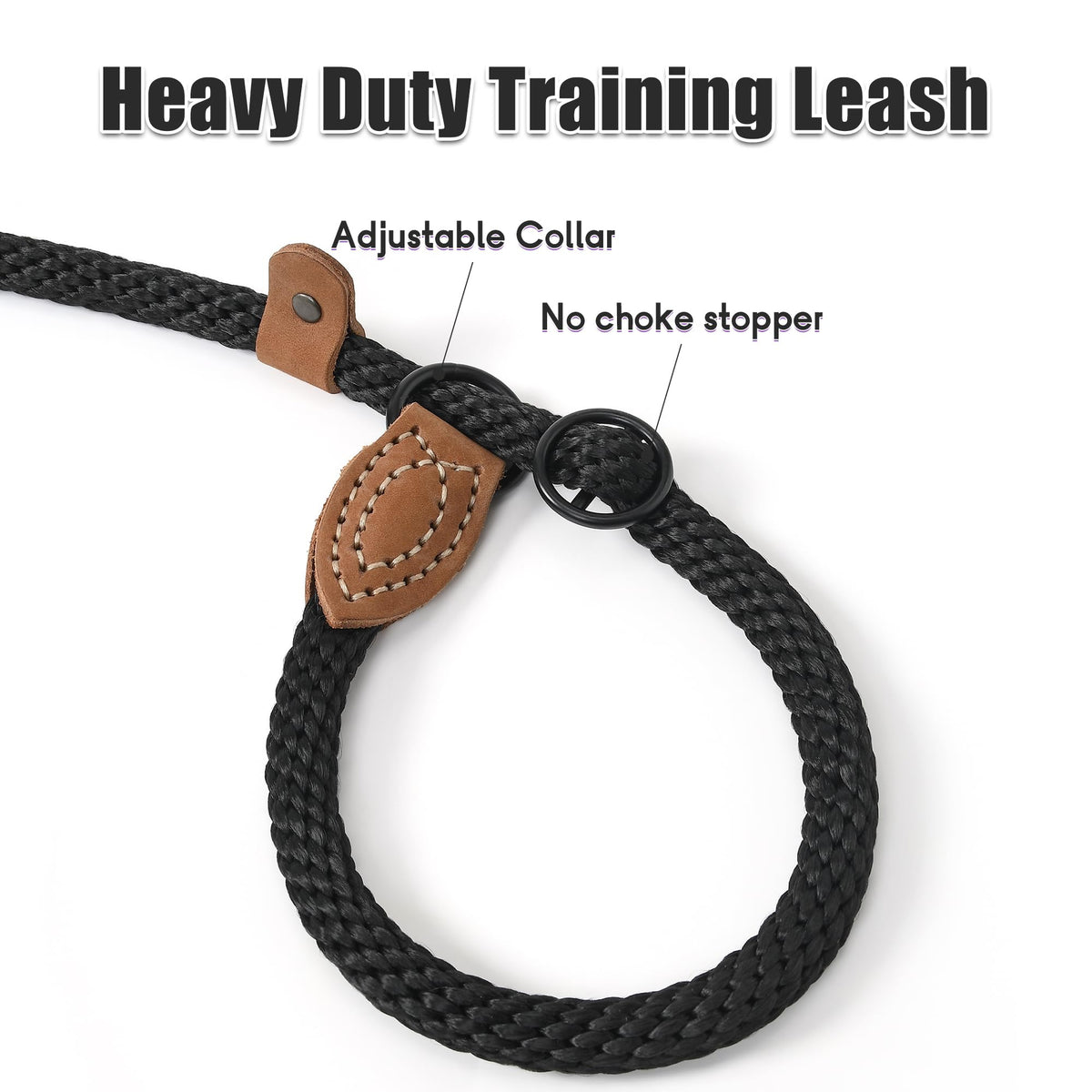 Heavy Duty Slip Lead No Pull Leash w Leather (Jet Black / 5 Feet)