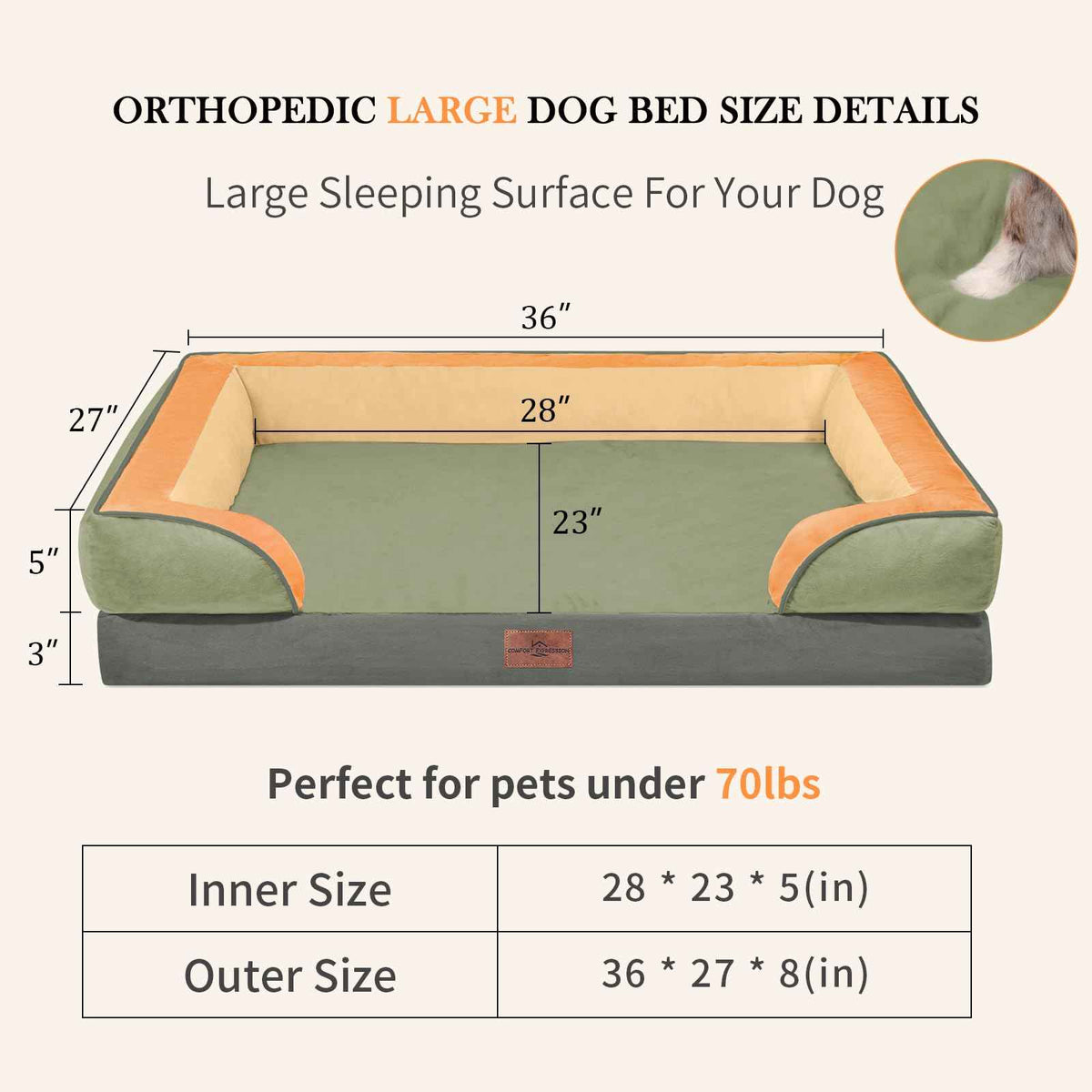 Orthopedic Dog Beds for Large Sized Dog with Bolster (36.0"L x 27.0"W x 8.0"Th / Avocado)