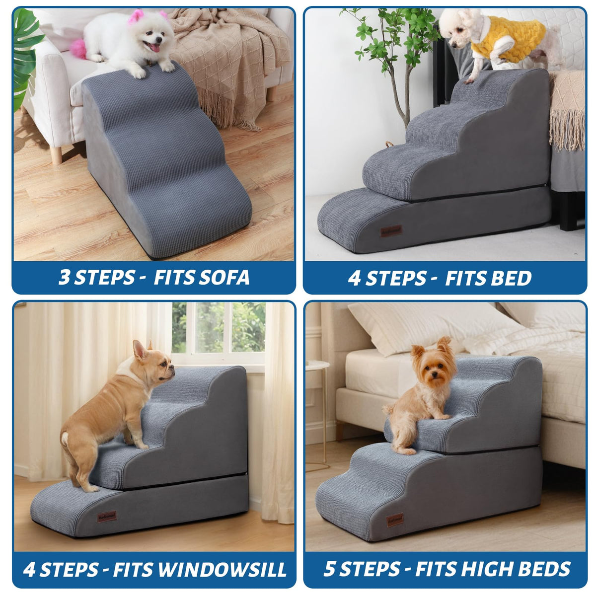 4 Step Dog Stairs and Ramp for Beds or Couch (Grey / Split Design 4-Step 21"H)