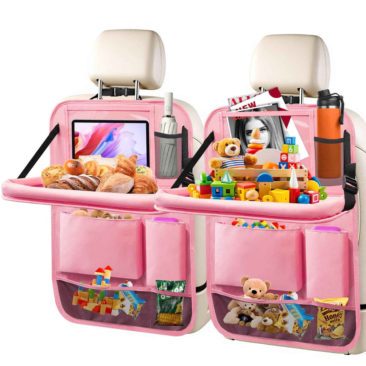 2Pack Back Seat Car Organizer with Tablet Holder & Foldable Table Tray Pink (Pink / 2 Pack with Food Tray)