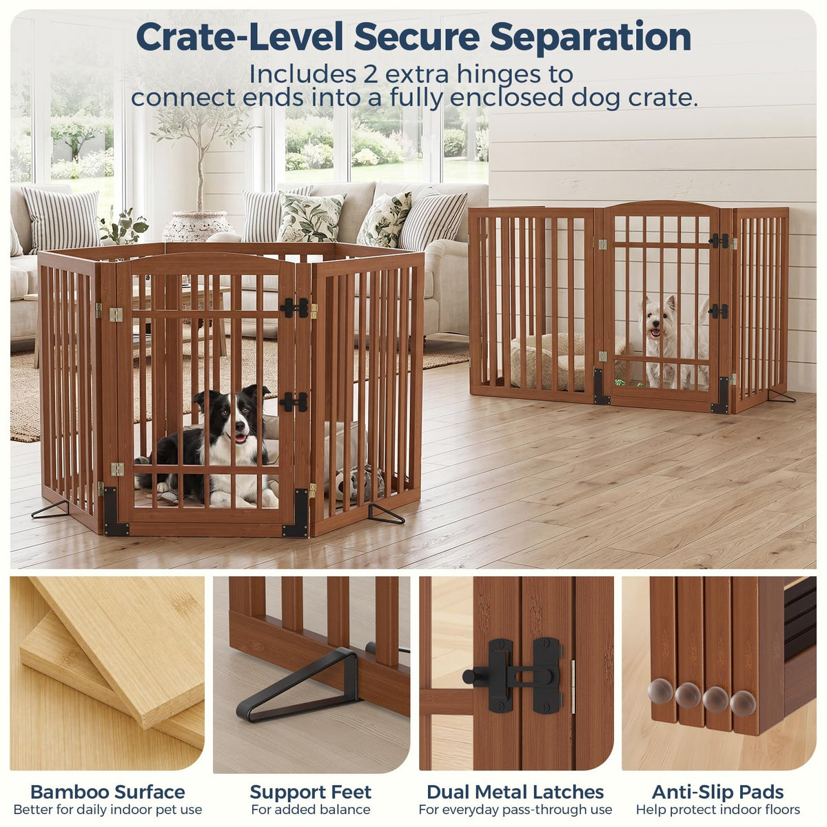 Dog Gate Indoor with Door (Walnut / 88"Wx30"H, 4-Panel)