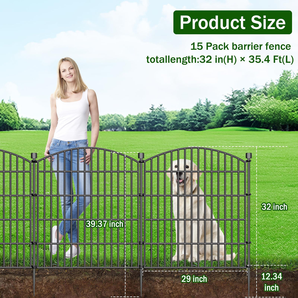 15 Panel No Dig Decorative Garden Fence with Gate 32"H x 35.4'L Dog Barrier (32 in(H) X 35.4 ft(L))