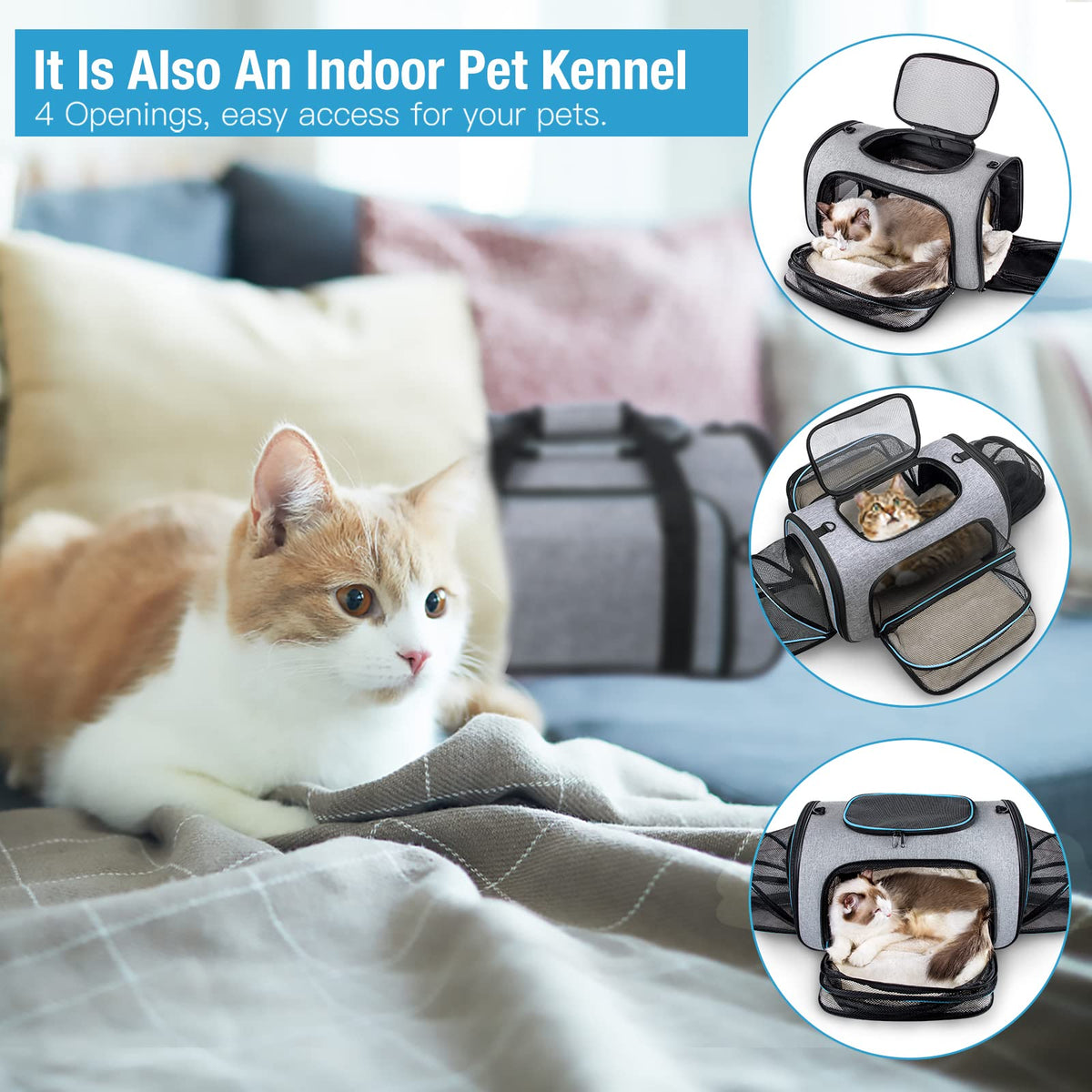 Pet Carrier Airline Approved (20.0"L x 11.4"W x 12.4"H / 4 Extension Gray_Blue)