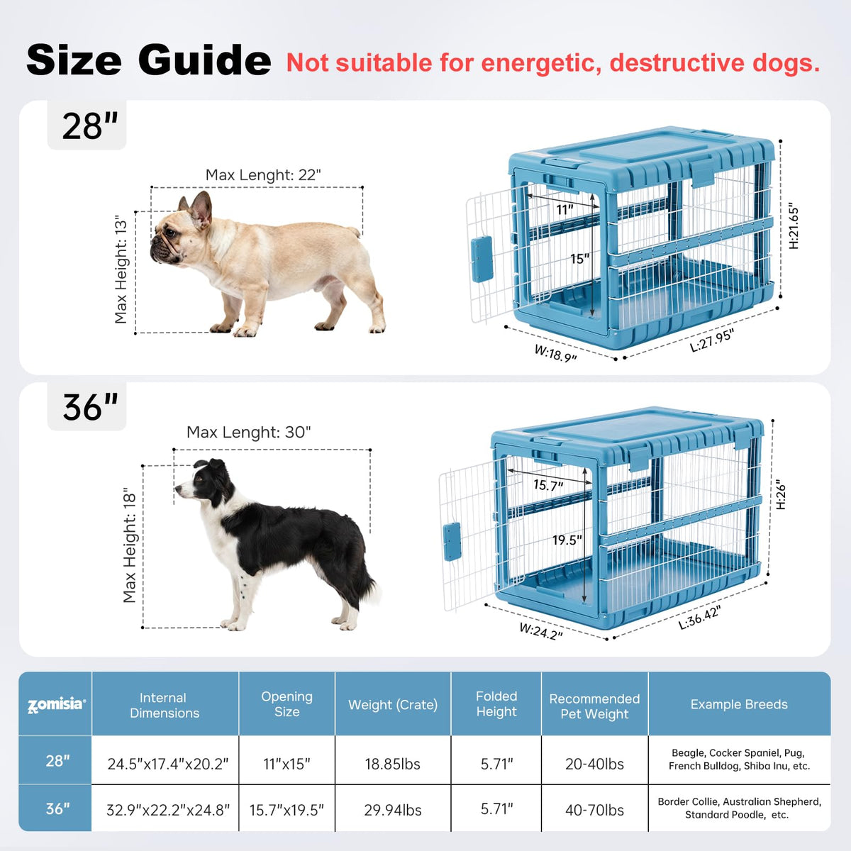 28" L Collapsible Dog Crate for Dogs (Blue / 27.95 x 18.9 x 21.65 in)
