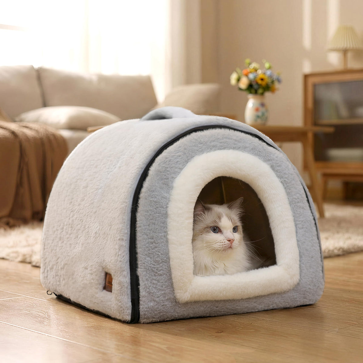 Cat Bed for Indoor Cats (Grey / L:(17.5"×16.9"×15.9"))