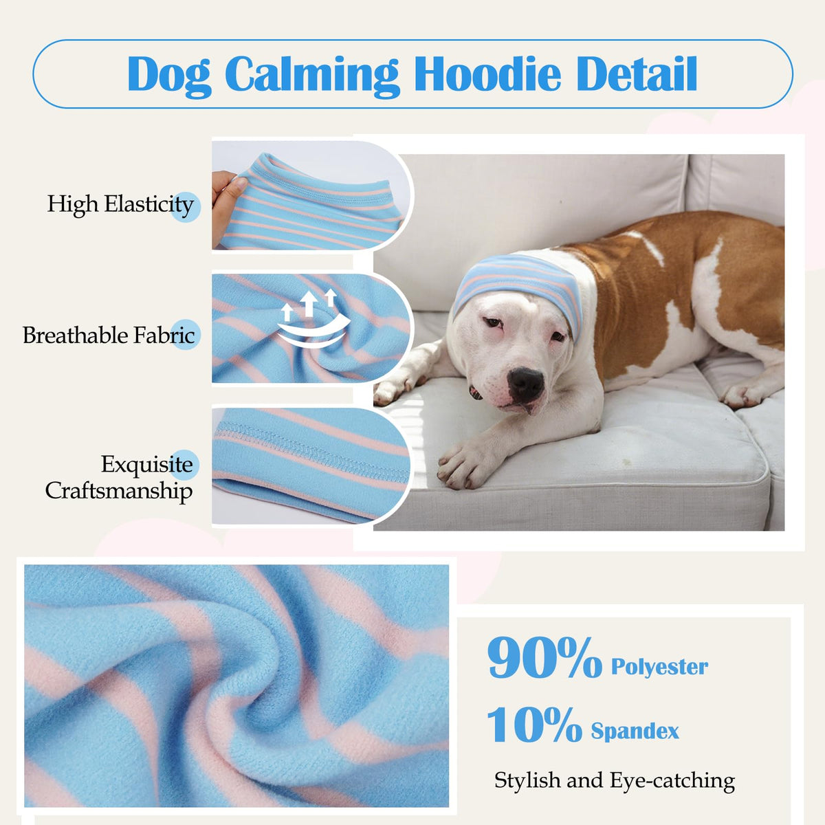 Calming Hoodie Dog Grooming Ear Cover Anxiety Relief (XL(Head Girth: 17.7in-29.5in) / BlueStriped)
