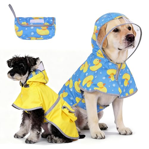 2-in-1 Reversible Medium Dog Raincoat, Hooded Rain Jacket Poncho (M:15-25lbs / YELLOW)