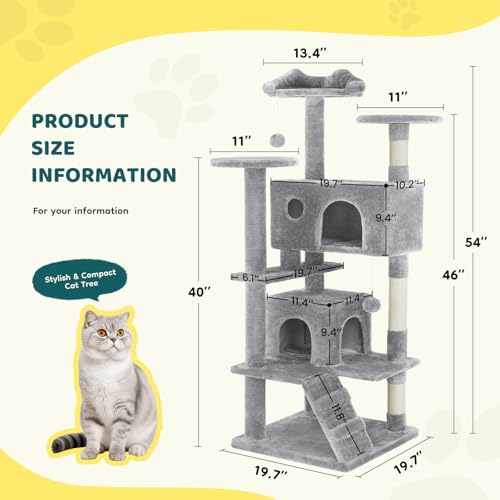 54 inch Cat Tree Tower with Scratching Posts (Light Grey / 54×19.7×19.7IN)