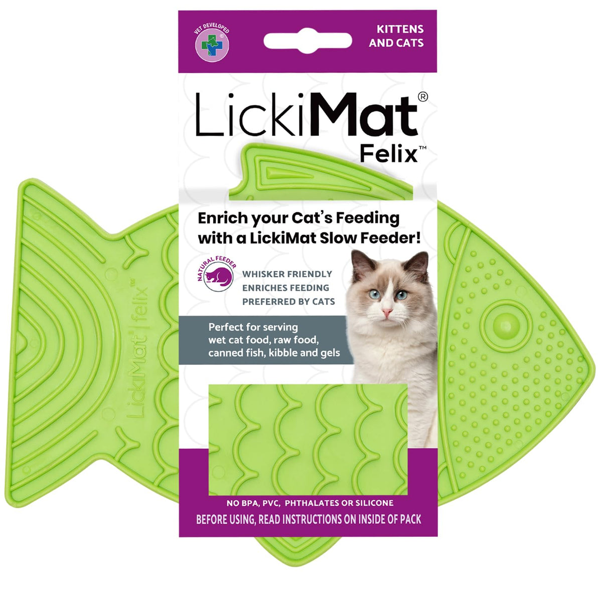 Felix, Fish-Shaped Cat Slow Feeders Lick Mat, Boredom Anxiety Reducer; Perfect for Food, Treats, Yogurt, or Peanut Butter. Fun Alternative to a Slow Feed Cat Bowl or Dish, Green (Green)
