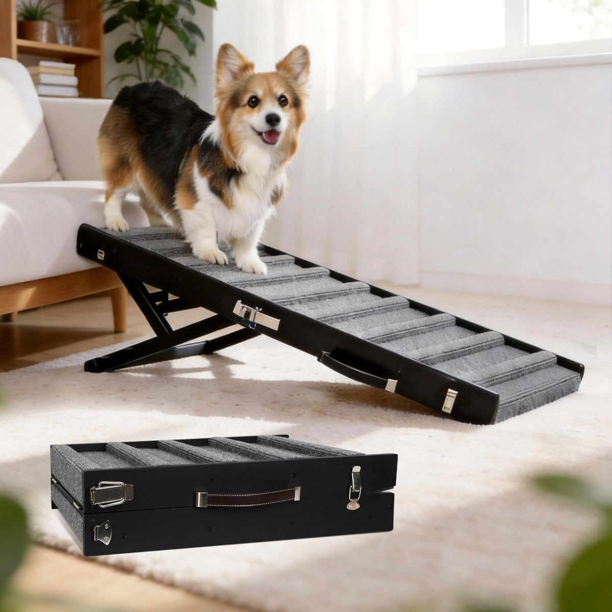 Dog Ramp for Small & Medium Dogs Foldable Pet Ramp for Bed (Black / Up to 75 lbs)