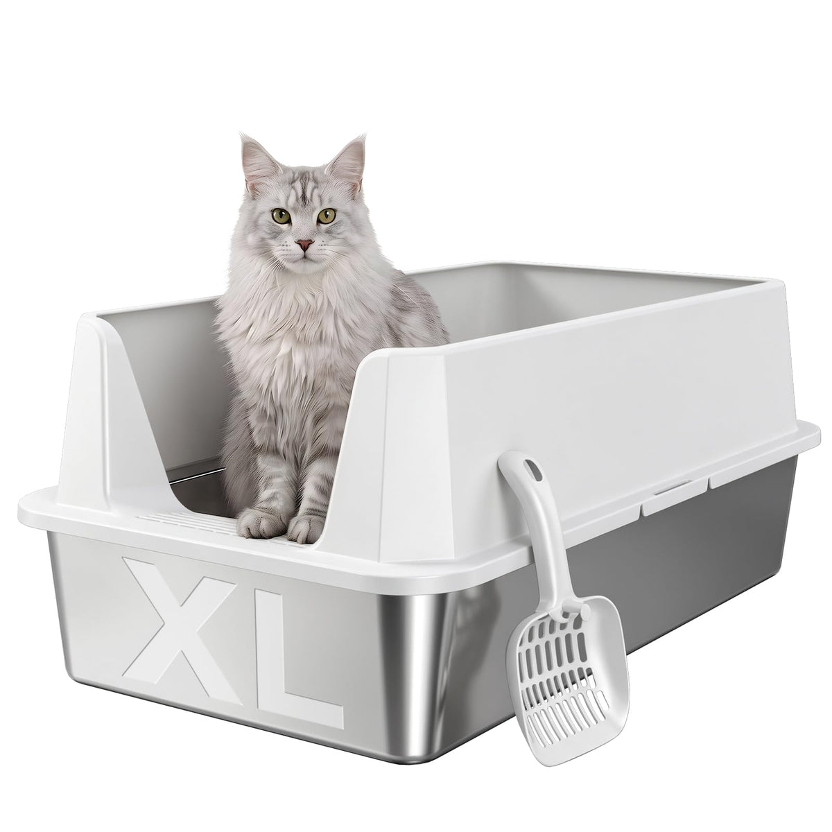 XL Stainless Steel Cat Litter Box with Plastic Enclosure & Scoop (Light Gray-1Pack)